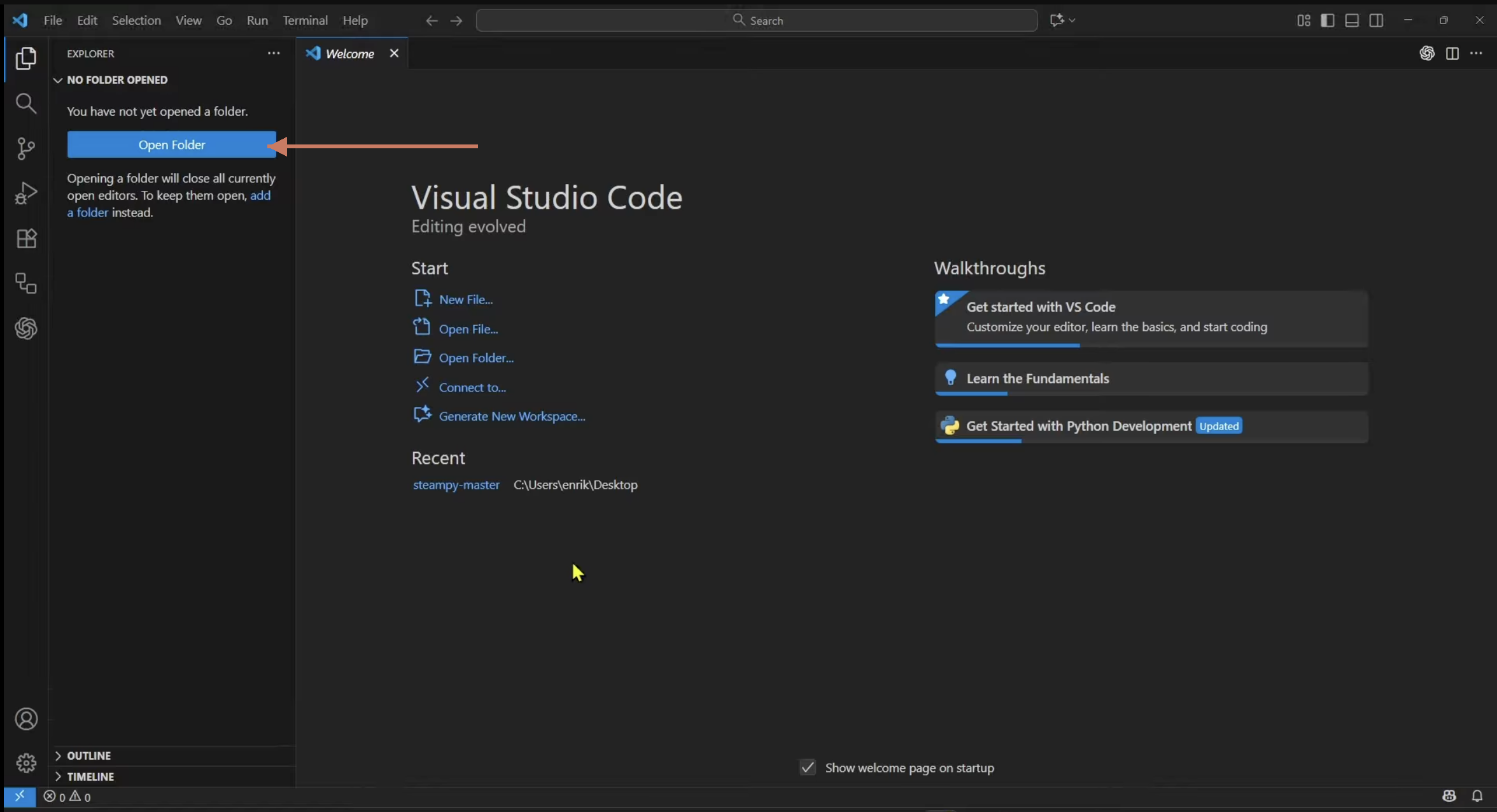 VS Code welcome screen